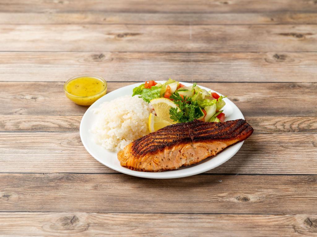 Grilled Salmon · Grilled salmon served with steamed veggies and rice.