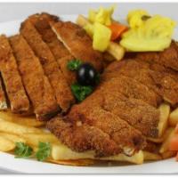 5. Breaded Halal Chicken Breast Plate on Fries · Served with tomatoes, onions, pickles, garlic salsa and tandoor flatbread.