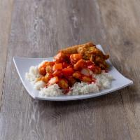 DC6. Sweet and Sour Chicken Combination Special · Served with an egg roll and chicken wing, white rice or fried rice. 