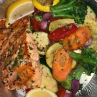 Grilled Salmon · Fresh grilled salmon. Served with grilled veggies. Choice of soup or salad.