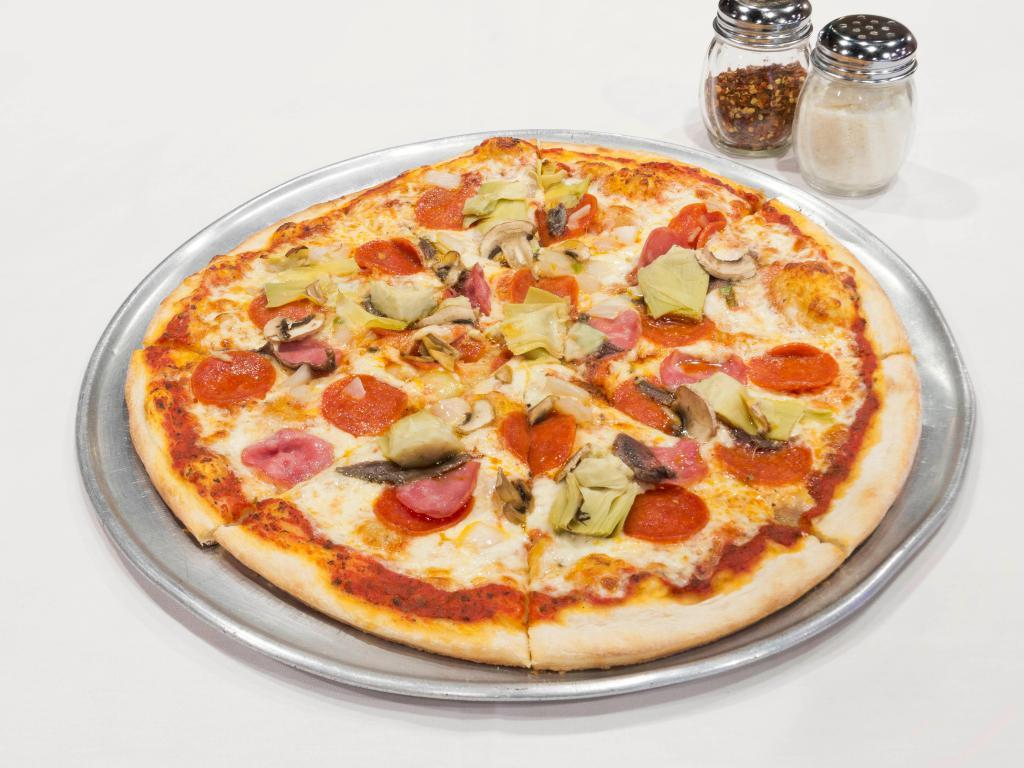 Supreme Pizza · Pepperoni, hamburger, Canadian bacon, sausage, mushrooms, onions, green peppers and black olives.