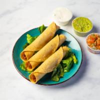 Chicken Taquito · 3 corn tortillas Mexican rolled and stuffed with chicken, served on a bed of lettuce with gu...