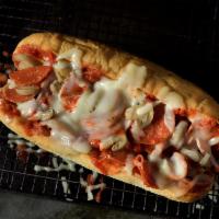 Pizza Sub · Pepperoni, ham, premium mozzarella cheese, mushrooms and pizza sauce. 8