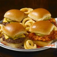 Mix and Match Sliders · 2 ground beef sliders stacked with cheese, mustard and pickles and 2 Buffalo chicken tossed ...