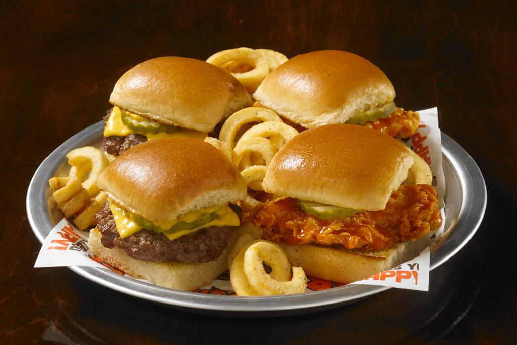 Mix and Match Sliders · 2 ground beef sliders stacked with cheese, mustard and pickles and 2 Buffalo chicken tossed in choice of wing sauce, topped with pickles and sered with choice of fries. 