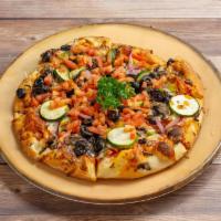 The Vegetarian Pizza · A vegetarian pizza, sweet red onions, bell peppers, black olives, zucchini, mushrooms, toppe...