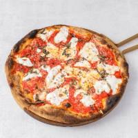 Margarita Pizza · Crushed roasted tomatoes with fresh mozzarella, basil, and extra virgin olive oil.