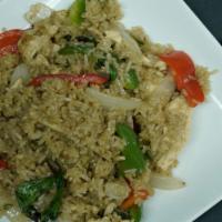 62. Basil Fried Rice · Exotic stir-fried jasmine white rice with basil, bell pepper, onion, and garlic.