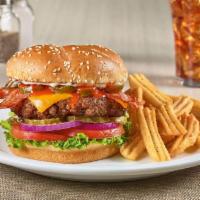 Spicy Sriracha Burger · Cheddar cheese, bacon, jalapeños, creamy Sriracha sauce, lettuce, tomato, red onions and pic...