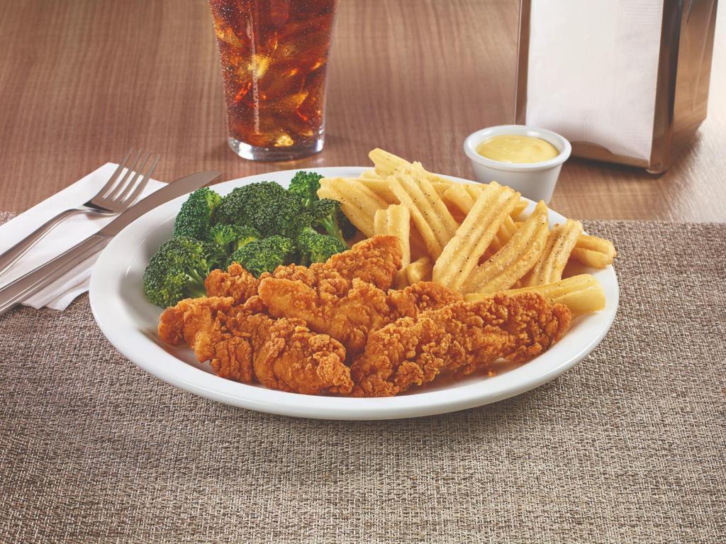 Premium Chicken Tenders Dinner · Premium golden-fried chicken tenders with choice of dipping sauce. Served with two sides and dinner bread.