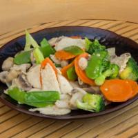 9. Moo Goo Gai Pan · Sliced chicken sauteed with mushrooms, broccoli, carrots and snow peas in a special white sa...