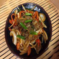 22. Hot and Spicy Beef · Sliced beef stir fried with shredded red pepper, onion and scallions in a yummy hot spicy sa...