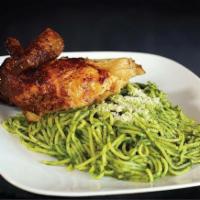 Tallarin Verde with a 1/4 Pollo · A generous portion of spaghetti, tossed with fresh spinach and basil pesto sauce. Served wit...