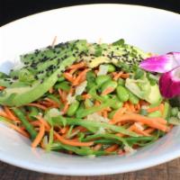 Cauliflower Rice Bowl · Avocado, pea pods, edamame, carrots, scallions, ginger, yuzu sesame ginger sauce. Vegan.