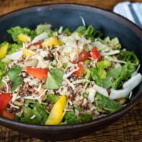 Grain Bowl · Romaine, peppers, cabbage, chick peas, farro, quinoa, cauliflower, edamame, sun seeds, tsatz...