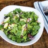 Greek Salad · iceberg, romaine, feta, olives, onions, tomatoes, cucumbers, red wine vinaigrette.