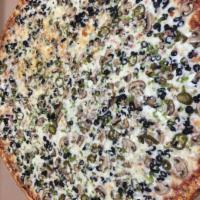Veggie Combo Pizza · Pizza sauce, mozzarella cheese, mushrooms, red onions, bell peppers, and black olives.