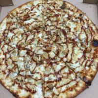 BBQ Chicken Pizza · BBQ sauce, mozzarella cheese, chicken and red onion.
