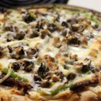 Cheese Steak Pizza · Mayo, mozzarella cheese, steak, red onion, mushroom, and bell peppers.