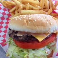 1/2 LB Cheeseburger · Served on a French roll with mayo, mustard, lettuce, onions, tomato, salt and pepper, oil, v...