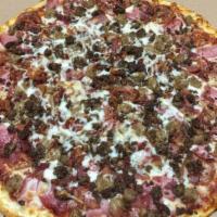 Meat Lover Pizza · Pizza sauce, mozzarella cheese, pepperoni, beef, sausage, and ham.