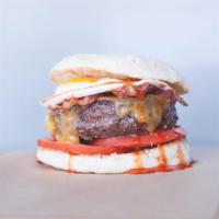 Breakfast Burger · All natural beef, Tillamook cheddar, tomatoes, applewood smoked bacon, sunny side up egg, sw...