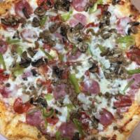 Niki's Special Pizza · Pepperoni, sausage, hamburger, Canadian bacon, mushrooms, onions and green pepper.