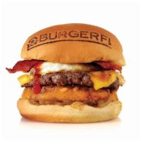 BREAKFAST ALL DAY BURGER · All-Natural Angus beef Free of hormones, steroids, and antibiotics.  Bacon, American Cheese,...