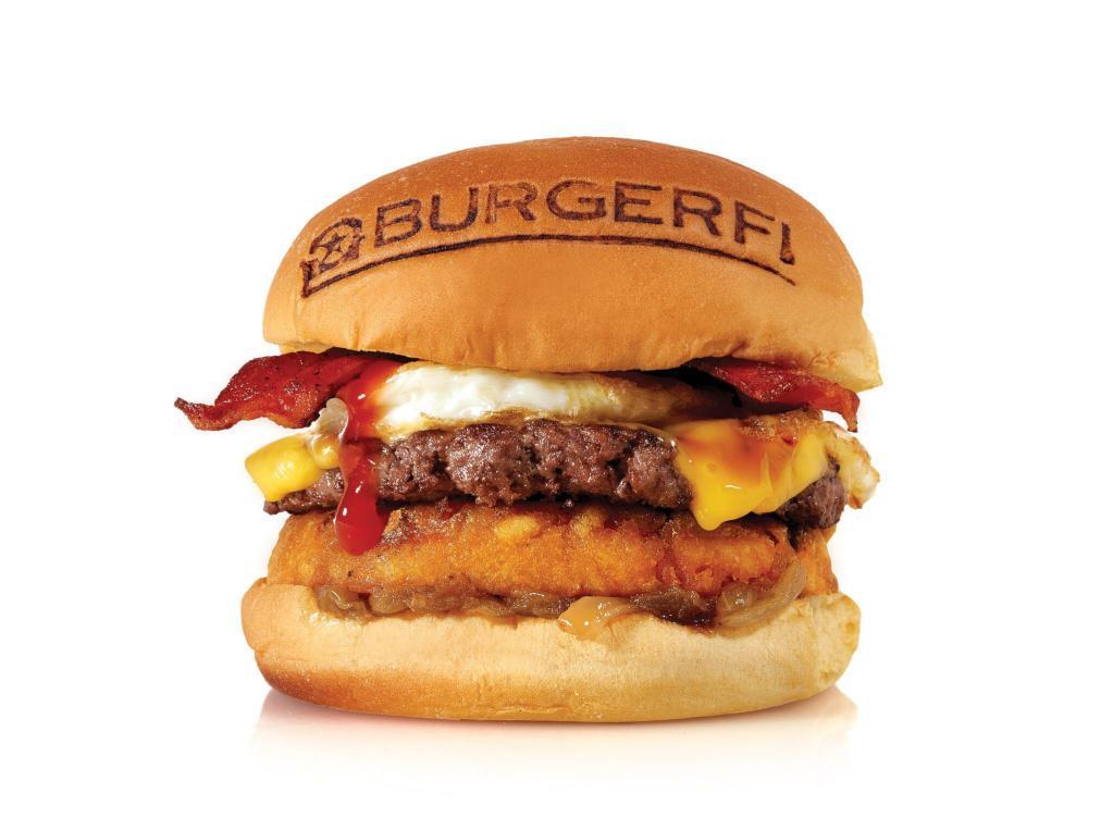 BREAKFAST ALL DAY BURGER · All-Natural Angus beef Free of hormones, steroids, and antibiotics.  Bacon, American Cheese, Maple Syrup, Fried Egg, Hash Brown, Grilled Onions, Ketchup.
