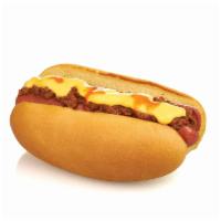 TEXAS STYLE WAGYU BEEF HOT DOG · American Wagyu Beef Hot Dog, Chili, Cheese, Hot Sauce.