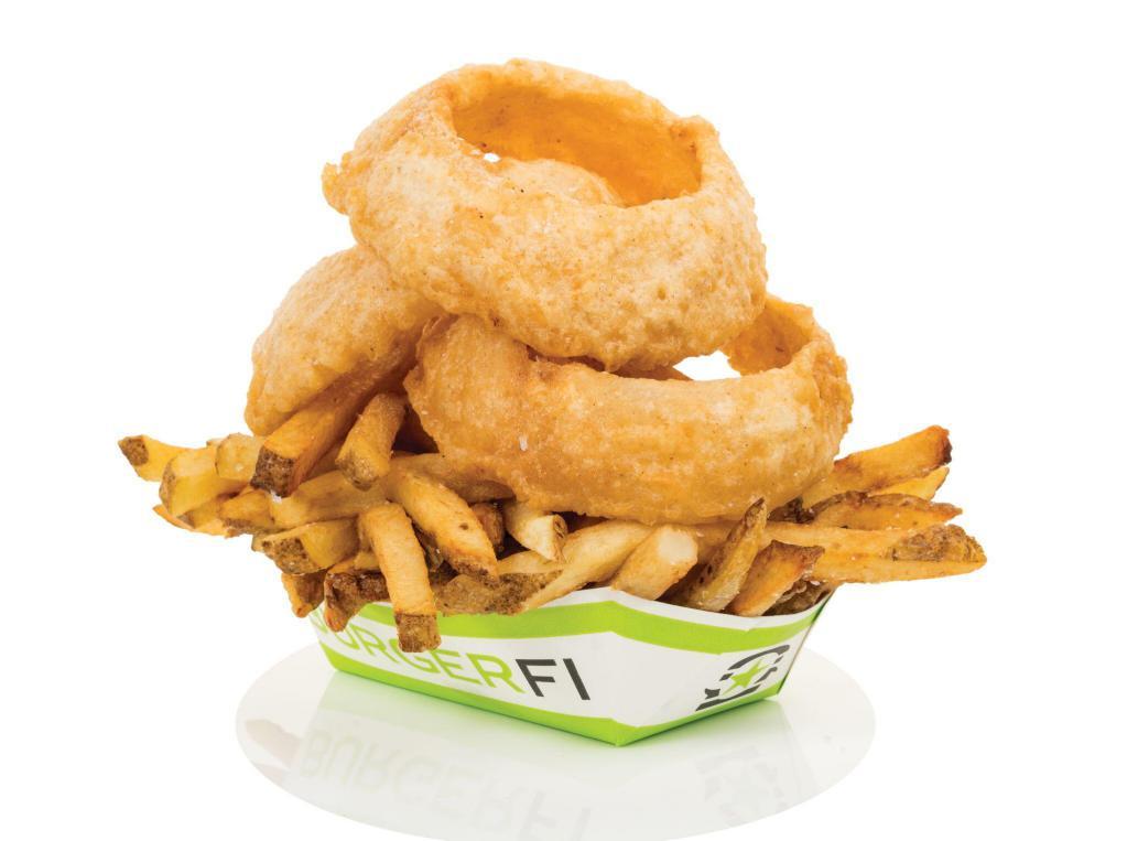 CRY + FRY · Fresh-Cut Fries, Double Battered Onion Rings.