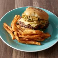 Jalapeno Pepper Jack Burger · Smothered with our fresh fried jalapenos, pepper jack cheese, served on our cheddar jalapeno...