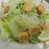Caesar Salad · Fresh Romaine lettuce, lemon wedges, shredded parmesan, and croutons with Caesar dressing.

