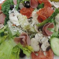 Chef Salad · Fresh romaine lettuce, feta cheese, green peppers, sliced onions, black olives, mushrooms, s...