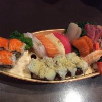 Boat for 1 · 6 pieces sushi 6 pieces sashimi, 4 pieces California roll i/o with french fries and 8 pieces...