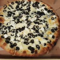 Greek Pizza · Olives, feta cheese and tomatoes.
