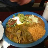 Chile Verde Specialty Plate · Cubed pork simmered in chile Ortega sauce.  