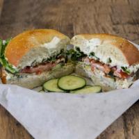 Veggie Nosh Sandwich · Lettuce, tomato, red onions, cucumbers, sprouts, and veggie cream cheese on a choice of bagel.