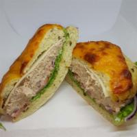 Tuna Salad Sandwich · Tuna salad made with lemon pepper, Greek oregano, mayo and pinch of salt in-house with lettu...