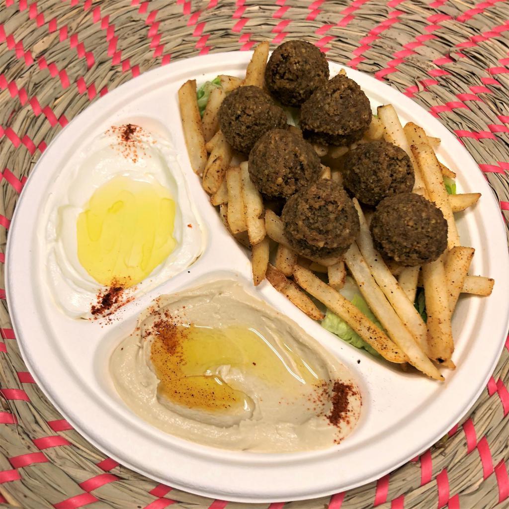Vegan Mix · Fries, 6 falafel, hummus and labneh. Served with pita. Vegan.
