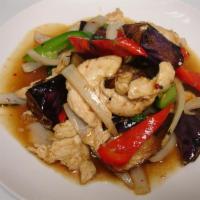 49. Pad Eggplant Basil · Sauteed eggplant, soybeans, onion, bell pepper and basil in spicy garlic sauce with choice o...