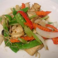 51. Pad Ginger · Sauteed fresh ginger, soybean, onion, bell pepper, baby corn, snow pea mushroom and celery i...