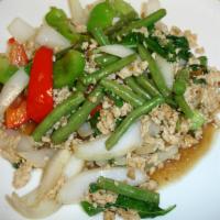 53. Pad Basil · Sauteed string beans, bell pepper, onion and Thai basil in chili garlic sauce with choice of...