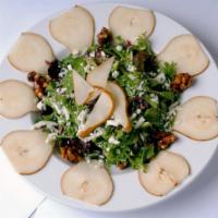 Pera e Gorgonzola Insalate · Baby greens, pear, Gorgonzola, walnuts and honey balsamic vinaigrette.