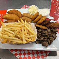 Sampler Platter · 3 tostones, 3 cheese mini empanadas, 3 tequenos, 3 arepitas, French fries, and grilled steak...