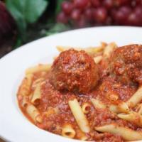 01. Pasta with Meatball with Meat Sauce · Served with garlic bread.