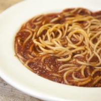 02. Pasta with Meat Sauce · Served with garlic bread.