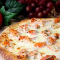 Caprese Pizza · Fresh mozzarella, basil, garlic and tomatoes. Olive oil base.
