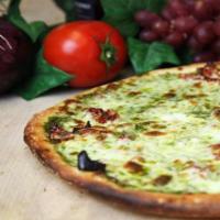 Pesto Pizza · Pesto, basil, sun-dried tomatoes and fresh mozzarella. Olive oil base.