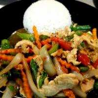 Ka Pao (Thai Basil on Rice) · Red bell pepper, green bell pepper, basil and white onion.,carrot